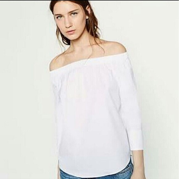 Zara Off The Shoulder White Cotton Blend Poplin Shirt 3/4 Sleeve Size Medium - Picture 2 of 7